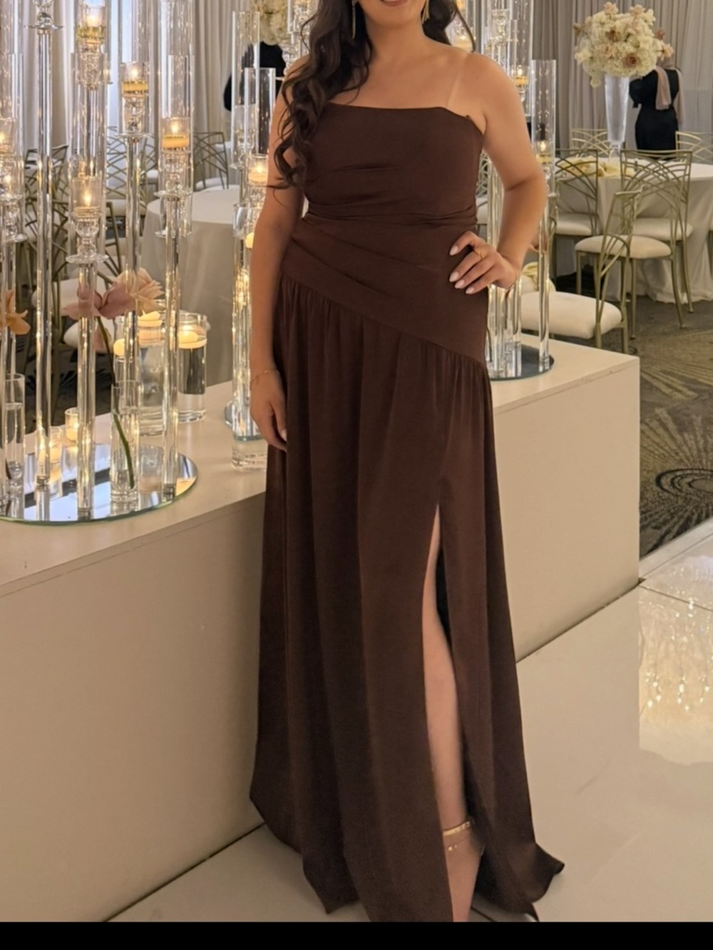 David's Bridal Strapless Chocolate Brown Evening Gown with Side Slit